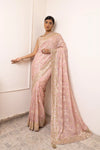 Peach Organza Swarovski Sequence Saree With Unstitched Blouse