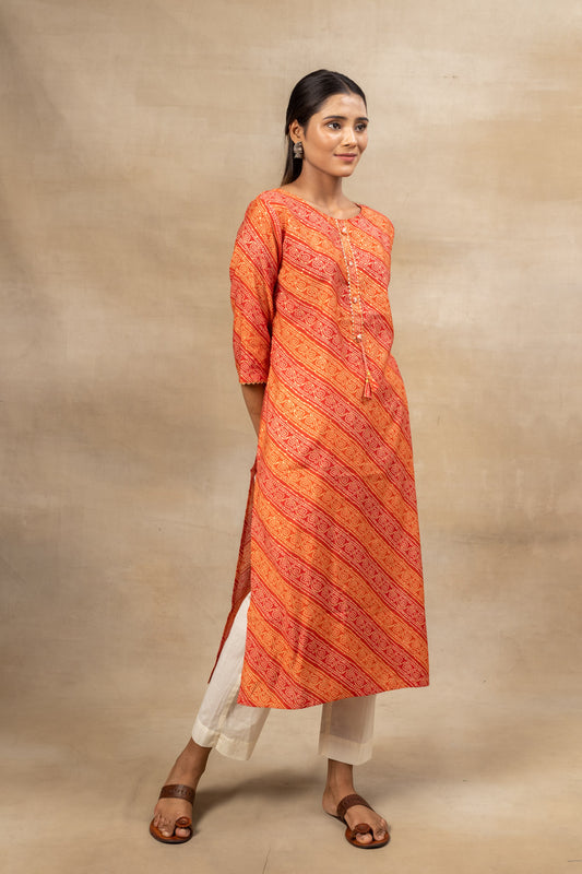 Red Bandhini Printed Muslin Readymade Long Kurta