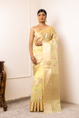 Lemon Gold Organza Embellished Saree With Unstitched Blouse