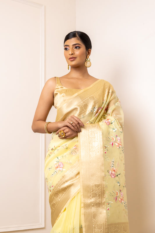 Lemon Gold Organza Embellished Saree With Unstitched Blouse