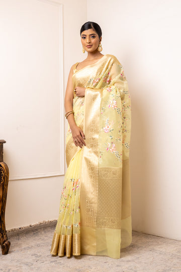 Lemon Gold Organza Embellished Saree With Unstitched Blouse