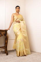 Lemon Gold Organza Embellished Saree With Unstitched Blouse