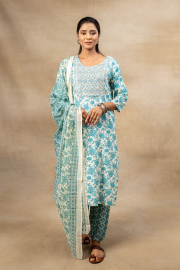 Off White Blue Cotton Readymade Suit And Pant With Cotton Dupatta