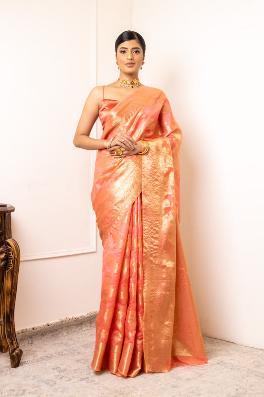 Peach Organza Banarasi Woven Zari Saree With Unstitched Blouse