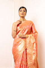 Peach Organza Banarasi Woven Zari Saree With Unstitched Blouse