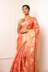 Peach Organza Banarasi Woven Zari Saree With Unstitched Blouse