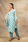 Off White Blue Cotton Readymade Suit And Pant With Cotton Dupatta