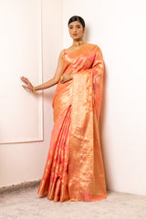 Peach Organza Banarasi Woven Zari Saree With Unstitched Blouse