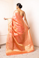 Peach Organza Banarasi Woven Zari Saree With Unstitched Blouse