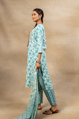 Off White Blue Cotton Kurti And Pant With Cotton Dupatta