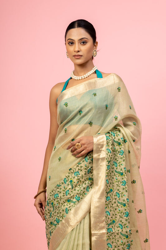 Tussar Embroidered Saree With Zari Border