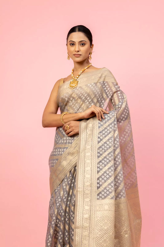 Grey Banarasi Woven Zari Kora Saree With Unstitched Blouse