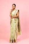 Pista Cotton Banarasi Woven Zari Saree With Unstitched Blouse