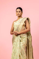 Pista Cotton Banarasi Woven Zari Saree With Unstitched Blouse