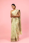 Pista Cotton Banarasi Woven Zari Saree With Unstitched Blouse