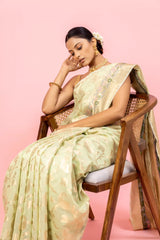 Pista Cotton Banarasi Woven Zari Saree With Unstitched Blouse