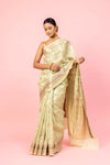 Pista Cotton Banarasi Woven Zari Saree With Unstitched Blouse