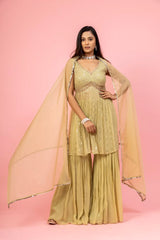 Pista Georgette Short Top Sharara Set With Organza Dupatta