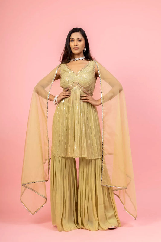 Pista Georgette Short Top Sharara Set With Organza Dupatta