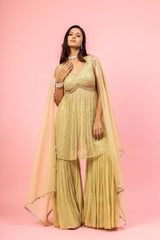 Pista Georgette Short Top Sharara Set With Organza Dupatta