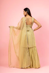 Pista Georgette Short Top Sharara Set With Organza Dupatta