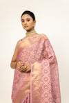 Peach Woven Zari Cotton Saree With Unstitched Blouse