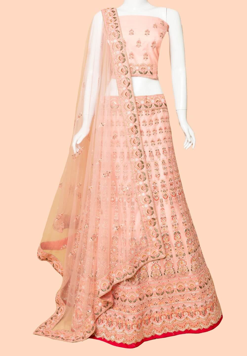 Peach Net Embroidered & Embellished Lehenga Set With Net Dupatta