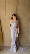 Grey Lycra Pre-Draped Designer Saree With Readymade Blouse (Ft:-Samiksha Thombare & Ankita Raghav Arora))