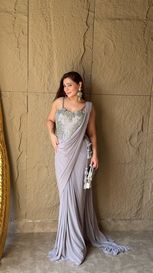 Grey Lycra Pre-Draped Designer Saree With Readymade Blouse (Ft:-Samiksha Thombare & Ankita Raghav Arora))