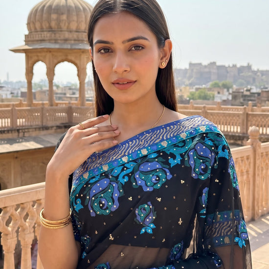 Black Chiffon Embroidered Saree - Embroidery Closeup