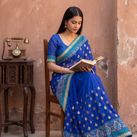 Royal Blue Chiffon Embroidered Saree - Mood Shot