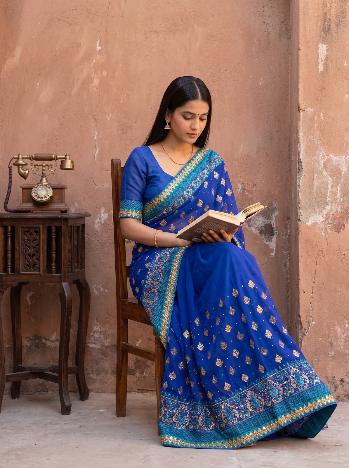 Royal Blue Chiffon Embroidered Saree - Mood Shot