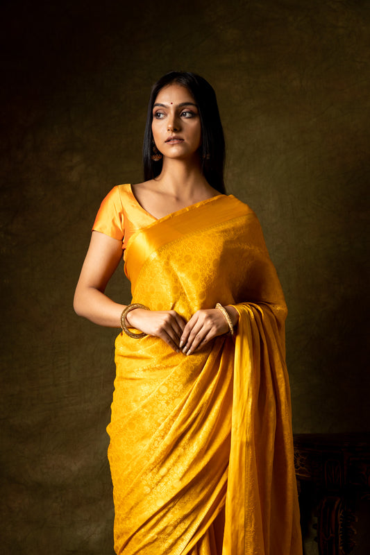 Mango Gold South India Silk Saree With Unstitched Blouse