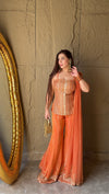 Orange Foil Chiffon Short Top Sharara Set With Net Dupatta (Ft:-Ankita Raghav Arora)