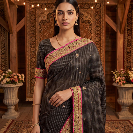 Black Tussar Embroidered Saree - Embroidery Closeup