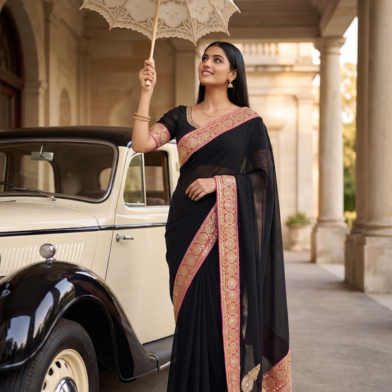 Black Georgette Embroidered Saree - Mood Shot