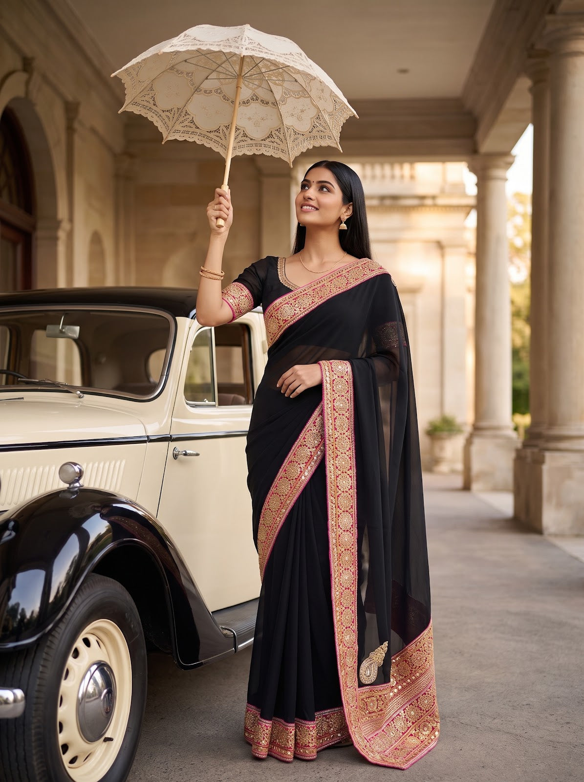 Black Georgette Embroidered Saree - Mood Shot
