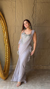 Grey Lycra Pre-Draped Designer Saree With Readymade Blouse (Ft:-Samiksha Thombare & Ankita Raghav Arora))