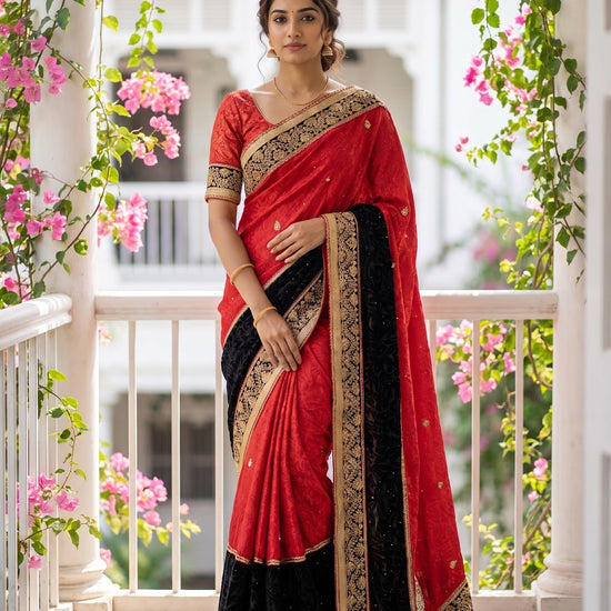 Red Crepe Embroidered Saree - Full Drape