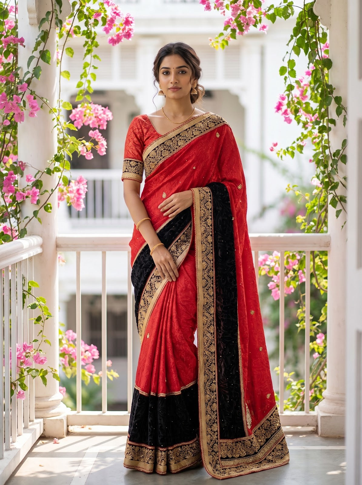 Red Crepe Embroidered Saree - Full Drape