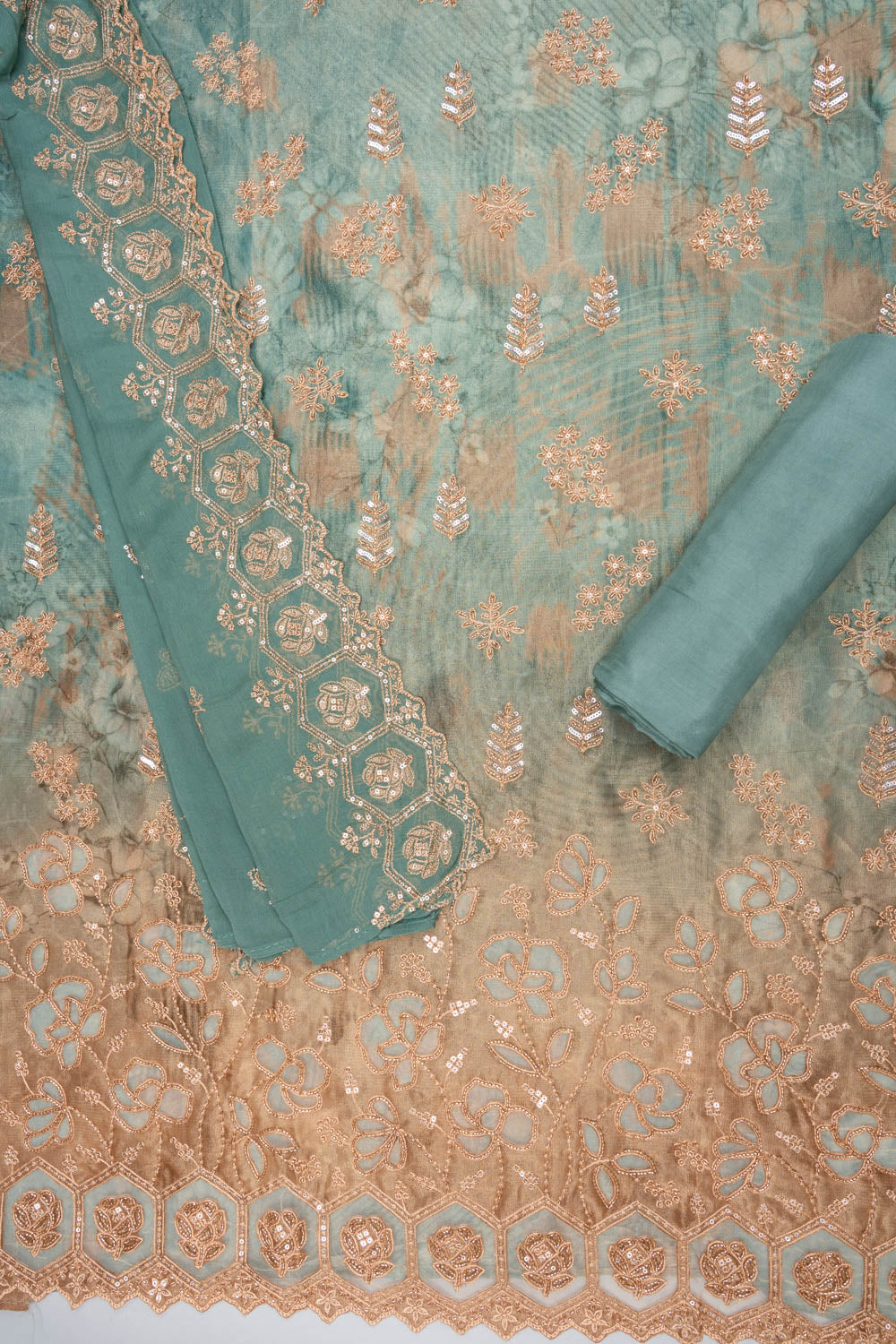 Tussar mint green unstitched suit - styled flatlay
