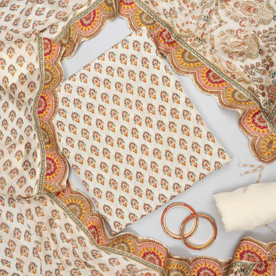 Off White Crepe Unstitched Salwar Suit - Hero