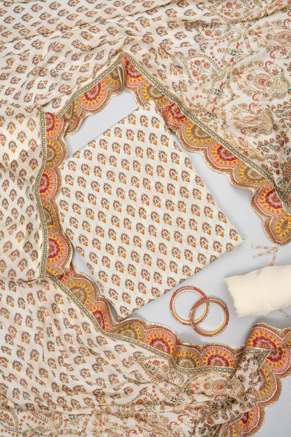 Off White Crepe Unstitched Salwar Suit - Hero