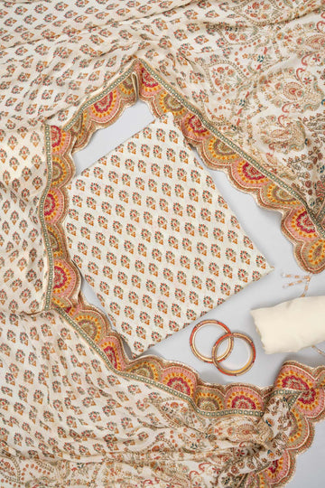Off White Crepe Unstitched Salwar Suit - Hero