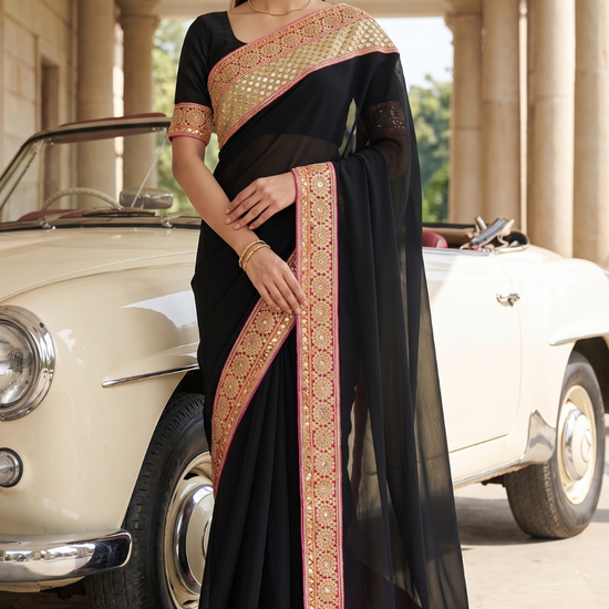 Black Georgette Embroidered Saree - Hero View