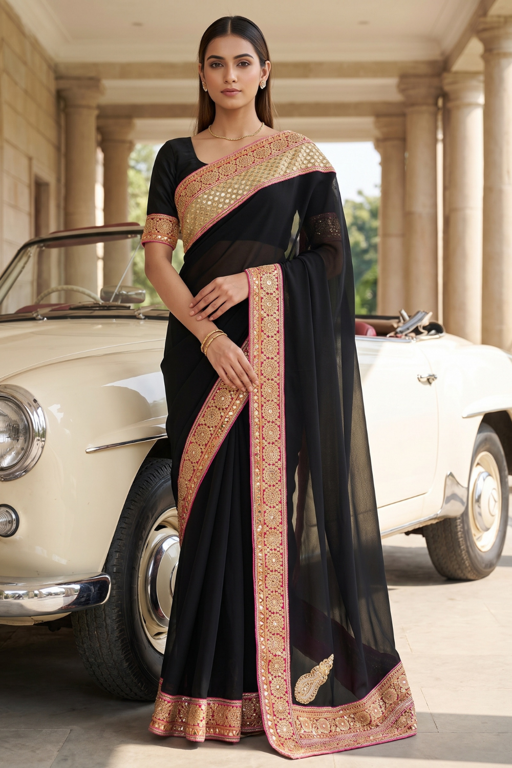 Black Georgette Embroidered Saree - Hero View