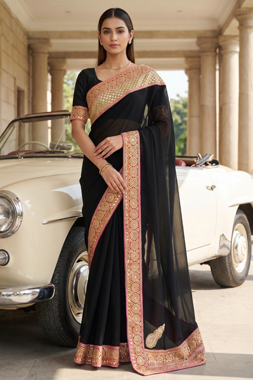 Black Georgette Embroidered Saree - Hero View