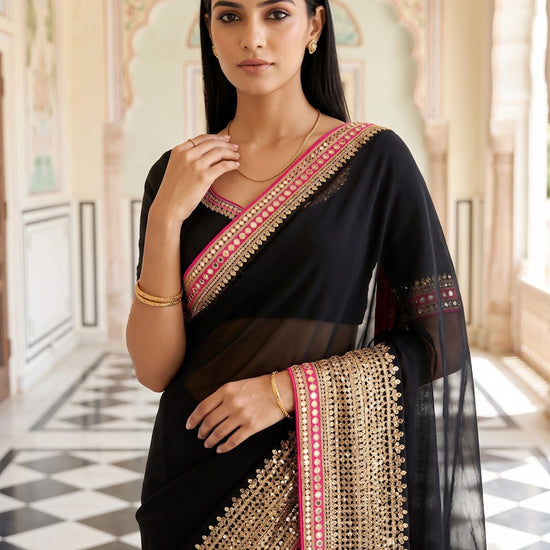 Black Georgette Embroidered Saree - Embroidery Closeup