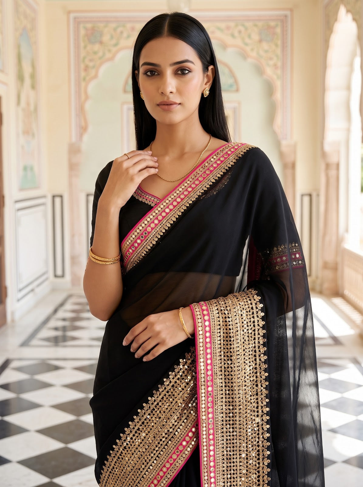 Black Georgette Embroidered Saree - Embroidery Closeup