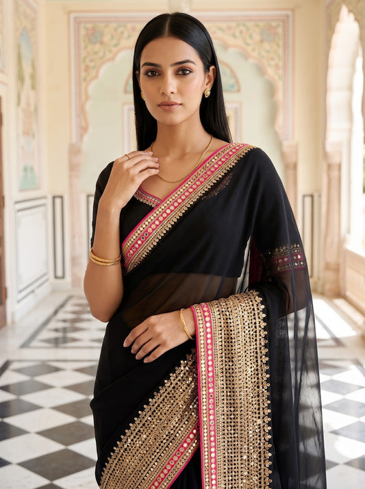 Black Georgette Embroidered Saree - Embroidery Closeup